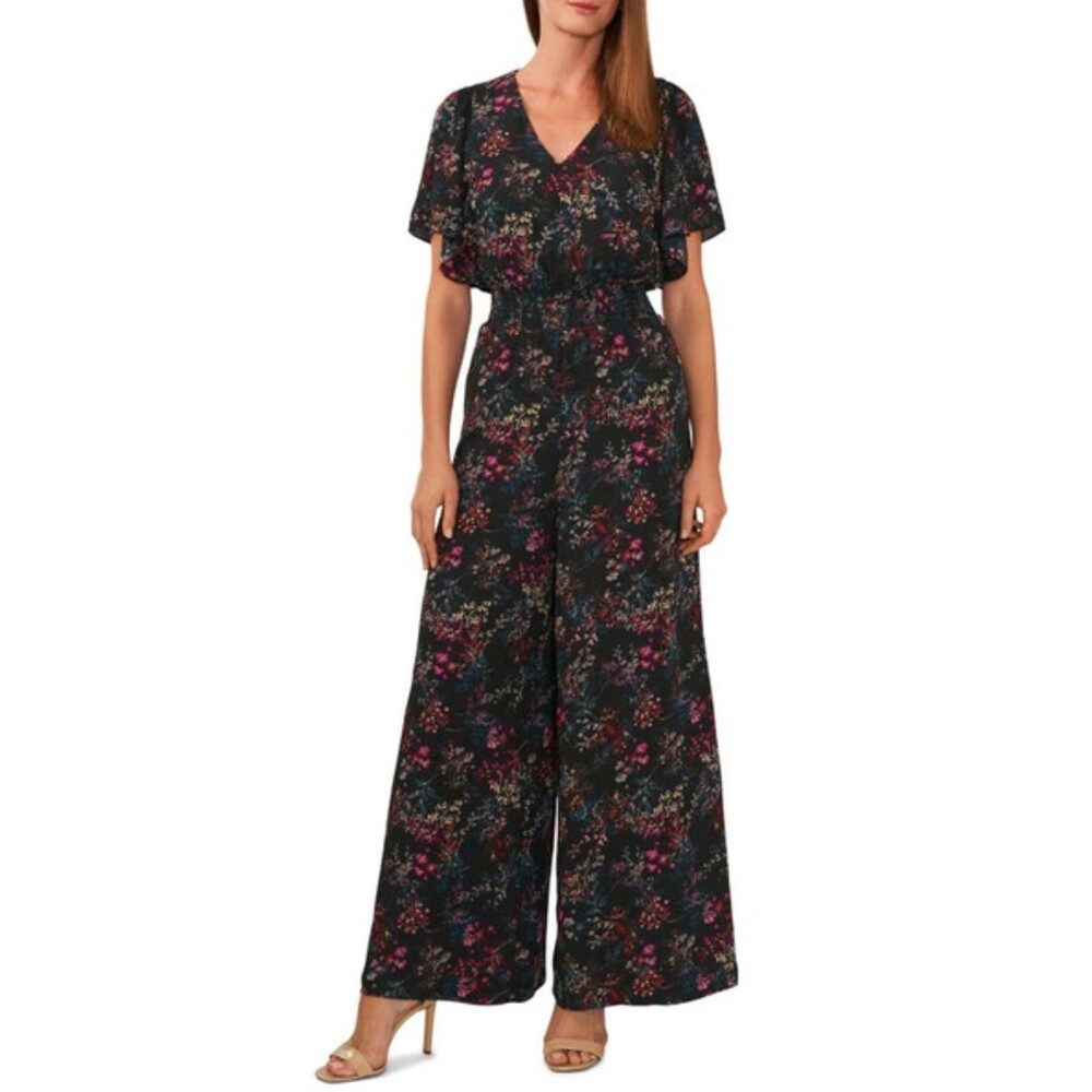 HALOGEN Floral V-neck Flutter Sleeve Jumpsuit In Junebug Print size Medium/ Larg